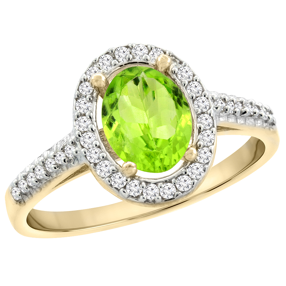 10K Yellow Gold Natural Peridot Engagement Ring Oval 7x5 mm Diamond Halo, sizes 5 - 10