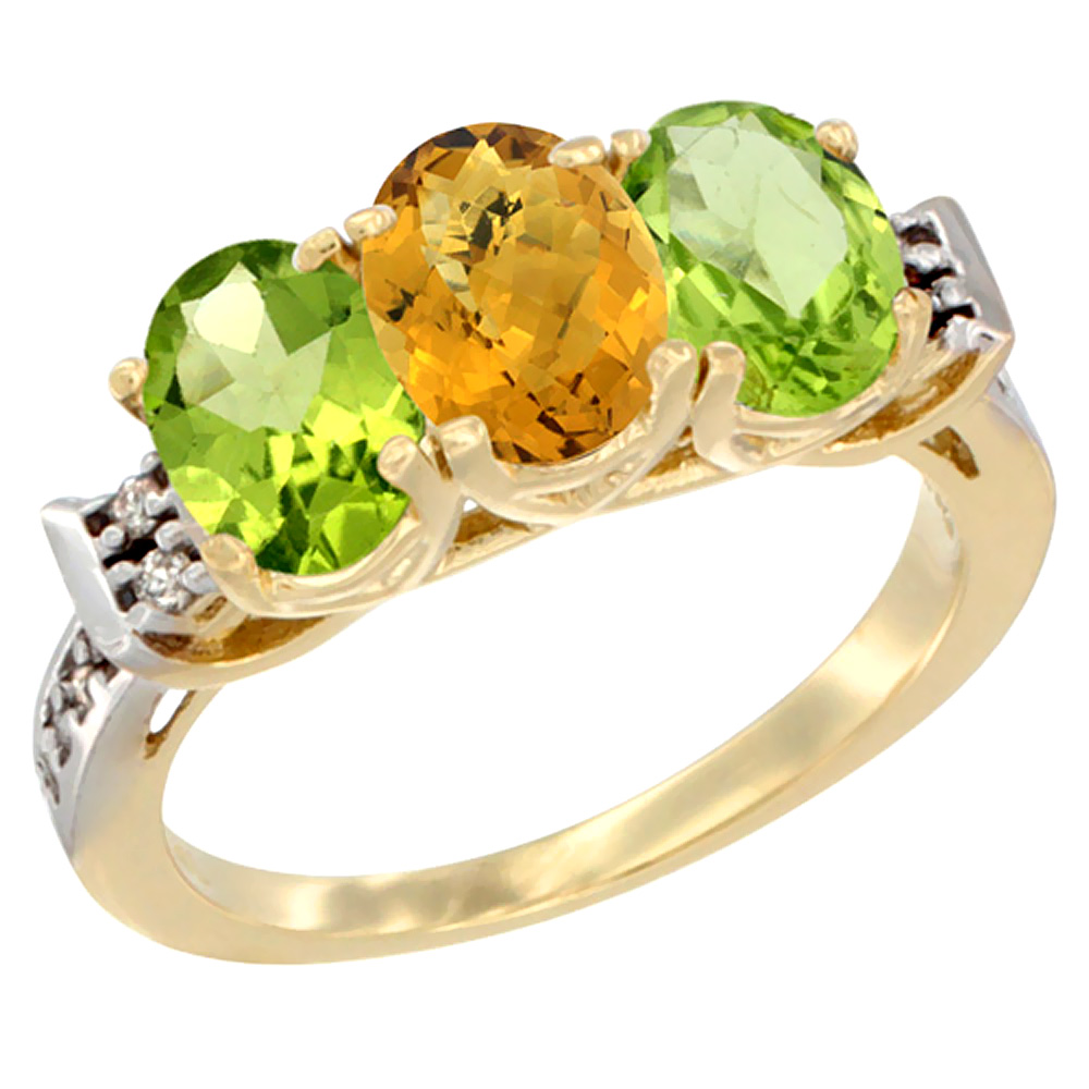 14K Yellow Gold Natural Whisky Quartz &amp; Peridot Sides Ring 3-Stone Oval 7x5 mm Diamond Accent, sizes 5 - 10