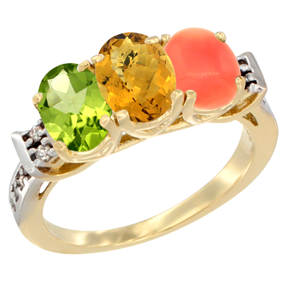 14K Yellow Gold Natural Peridot, Whisky Quartz & Coral Ring 3-Stone Oval 7x5 mm Diamond Accent, sizes 5 - 10