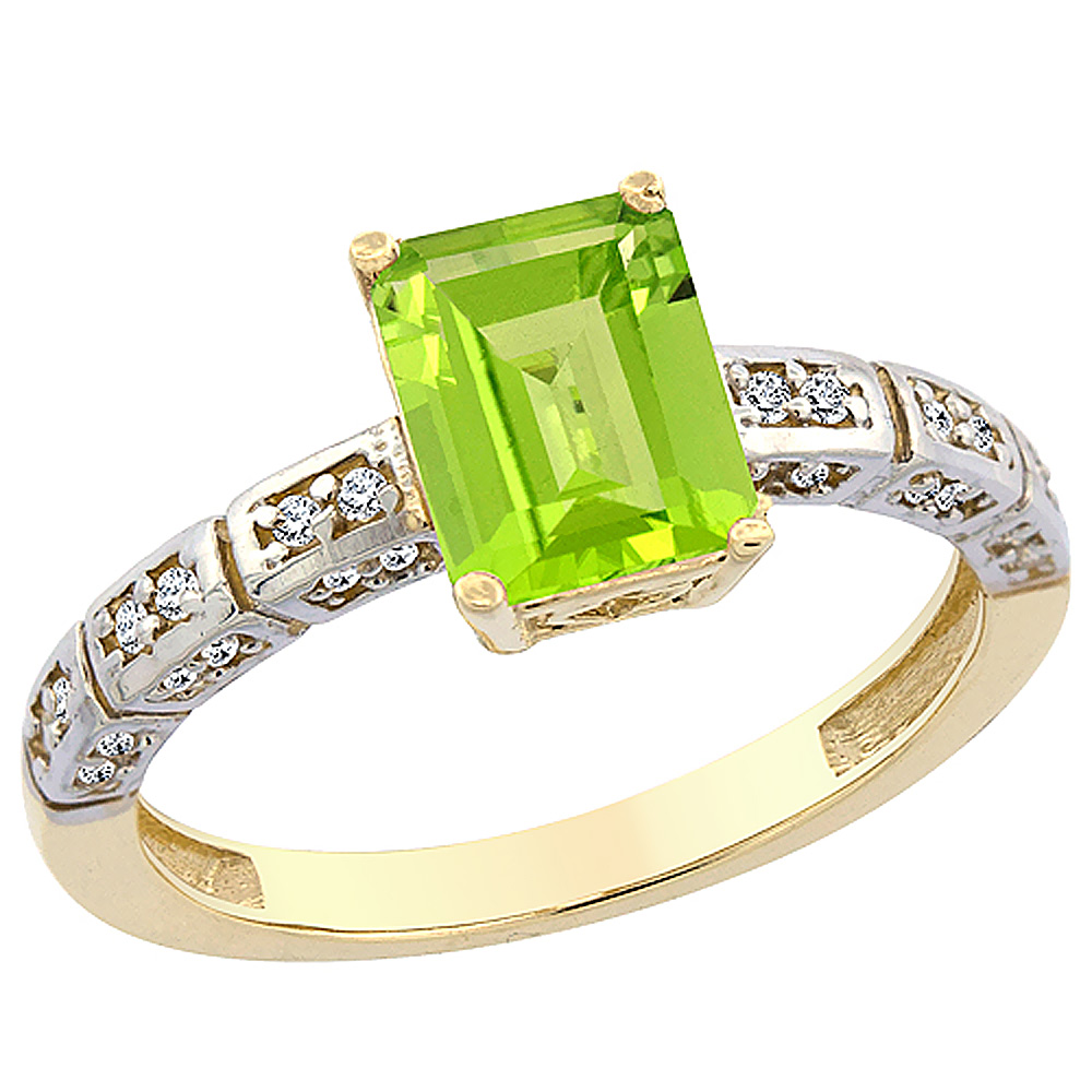 14K Yellow Gold Natural Peridot Octagon 8x6 mm with Diamond Accents, sizes 5 - 10