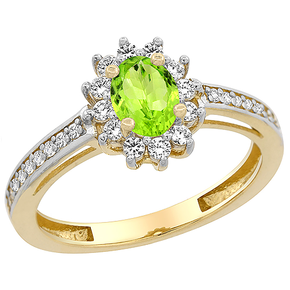 14K Yellow Gold Natural Peridot Flower Halo Ring Oval 6x4mm Diamond Accents, sizes 5 - 10