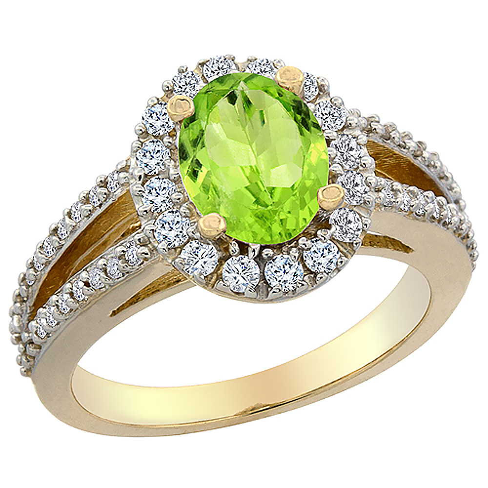 10K Yellow Gold Natural Peridot Halo Ring Oval 8x6 mm with Diamond Accents, sizes 5 - 10