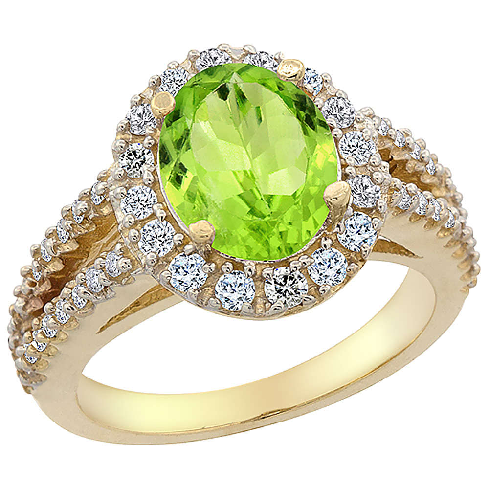 10K Yellow Gold Diamond Natural Peridot Engagement Ring Oval 10x8mm, sizes 5-10