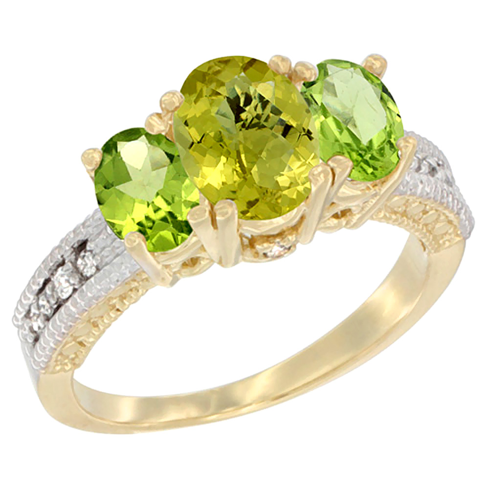 10K Yellow Gold Diamond Natural Lemon Quartz Ring Oval 3-stone with Peridot, sizes 5 - 10