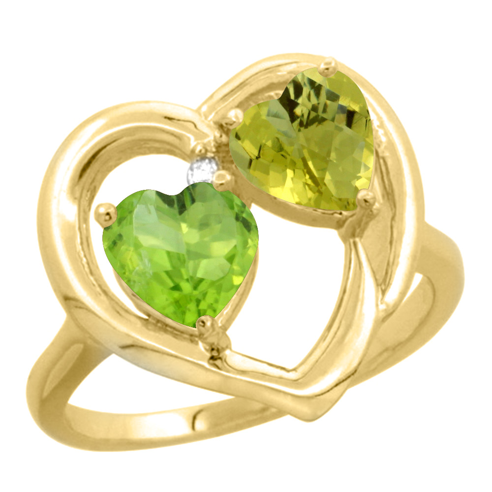 10K Yellow Gold Diamond Two-stone Heart Ring 6mm Natural Peridot & Lemon Quartz, sizes 5-10