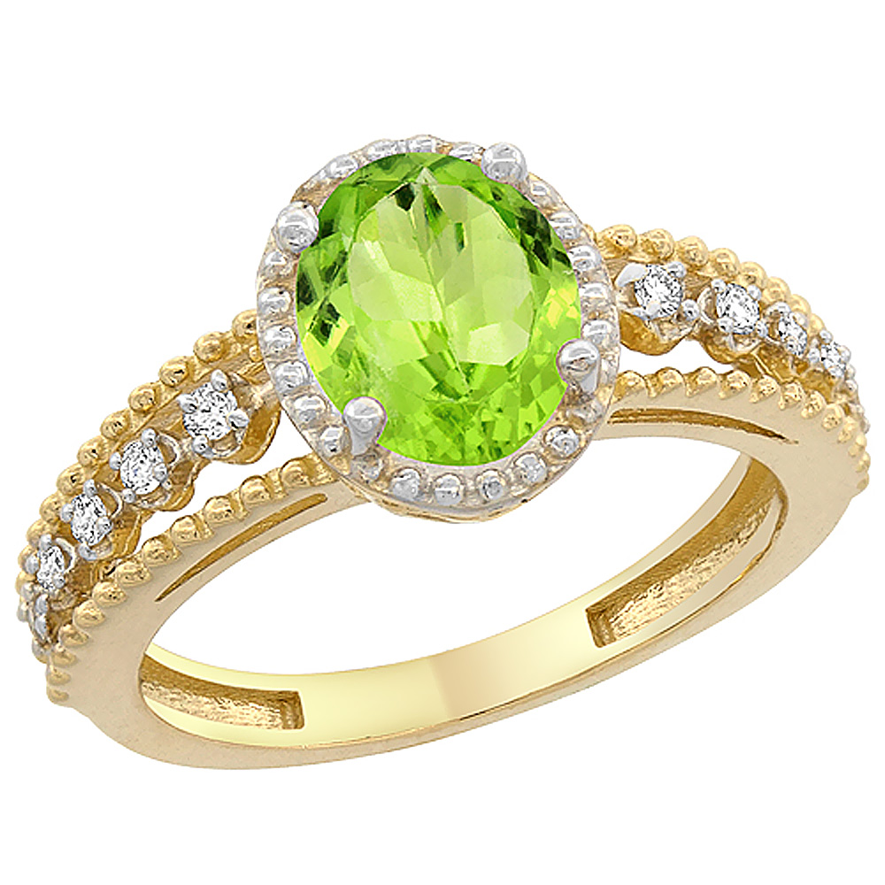 10K Yellow Gold Natural Peridot Ring Oval 9x7 mm Floating Diamond Accents, sizes 5 - 10