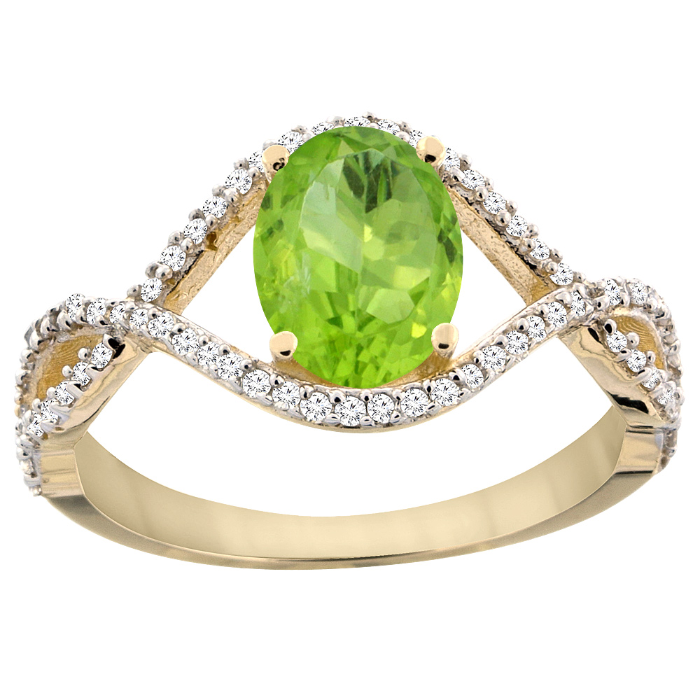 10K Yellow Gold Natural Peridot Ring Oval 8x6 mm Infinity Diamond Accents, sizes 5 - 10