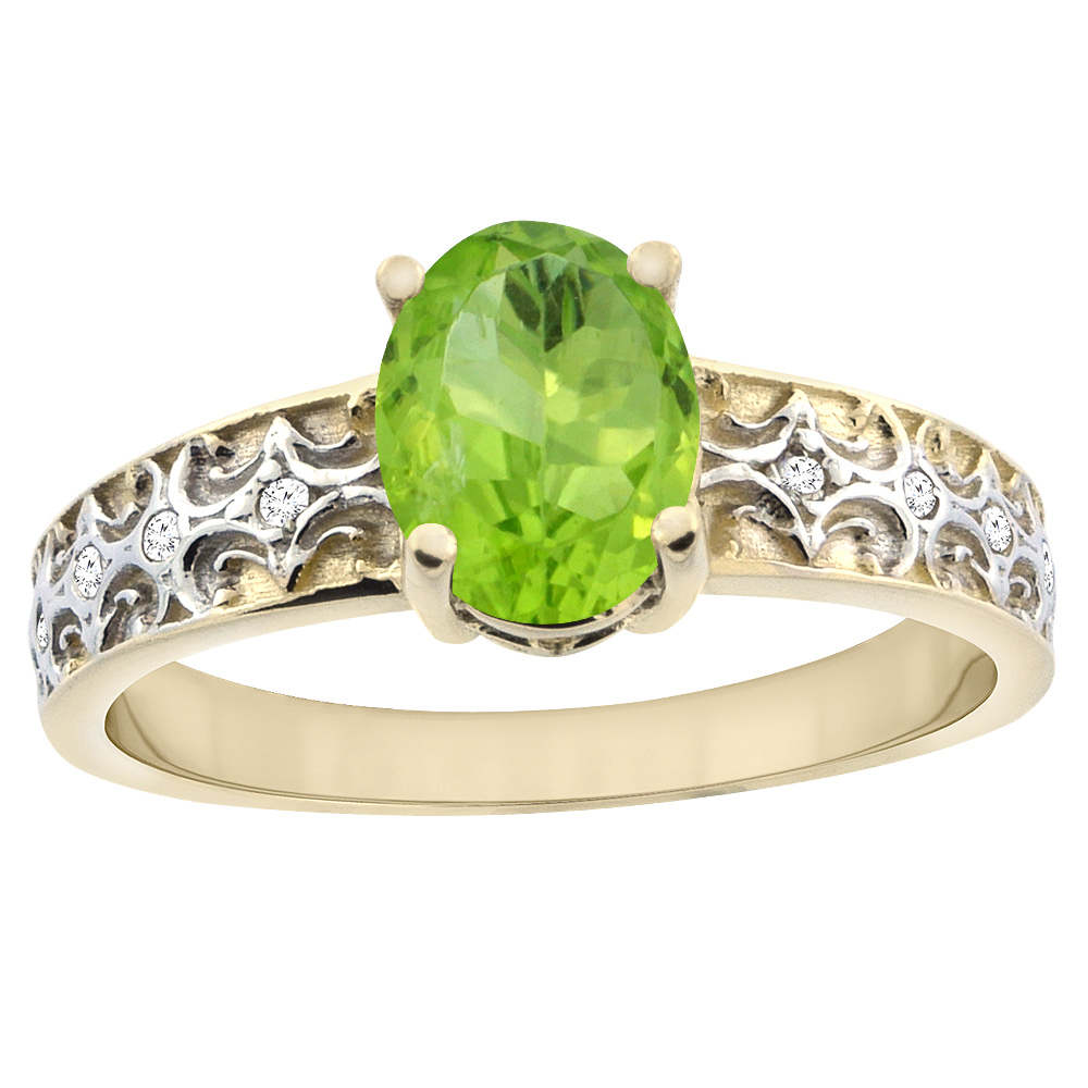 10K Yellow Gold Natural Peridot Ring Oval 8x6 mm Diamond Accents, sizes 5 - 10