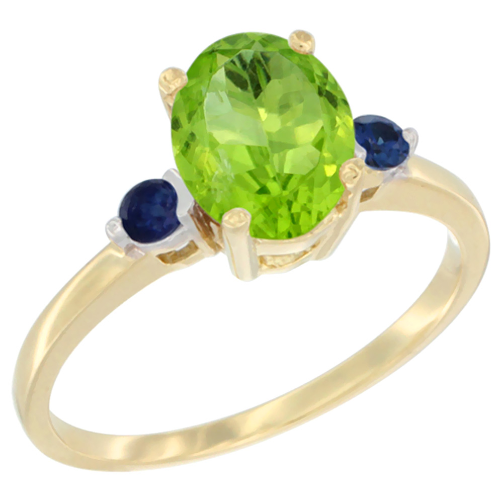 14K Yellow Gold Natural Peridot Ring Oval 9x7 mm Blue Sapphire Accent, sizes 5 to 10