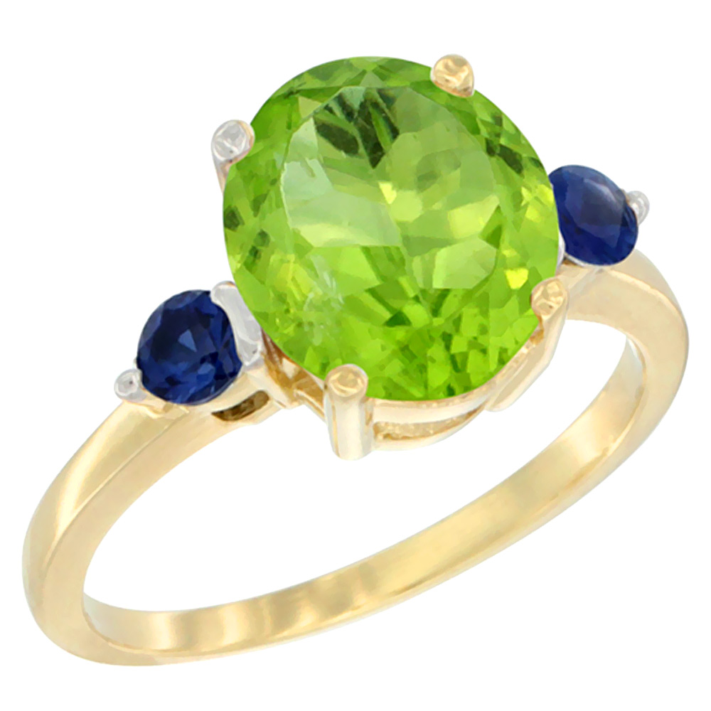 10K Yellow Gold 10x8mm Oval Natural Peridot Ring for Women Blue Sapphire Side-stones sizes 5 - 10