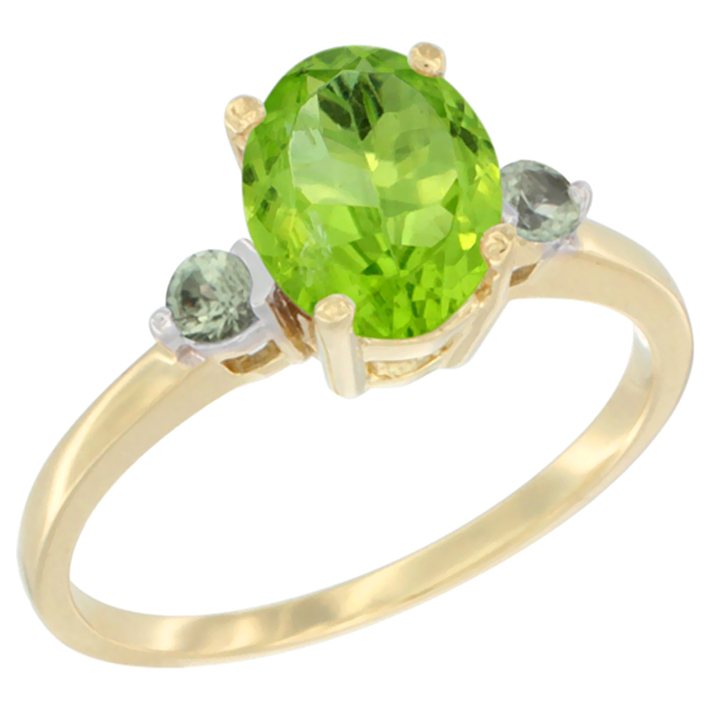 14K Yellow Gold Natural Peridot Ring Oval 9x7 mm Green Sapphire Accent, sizes 5 to 10