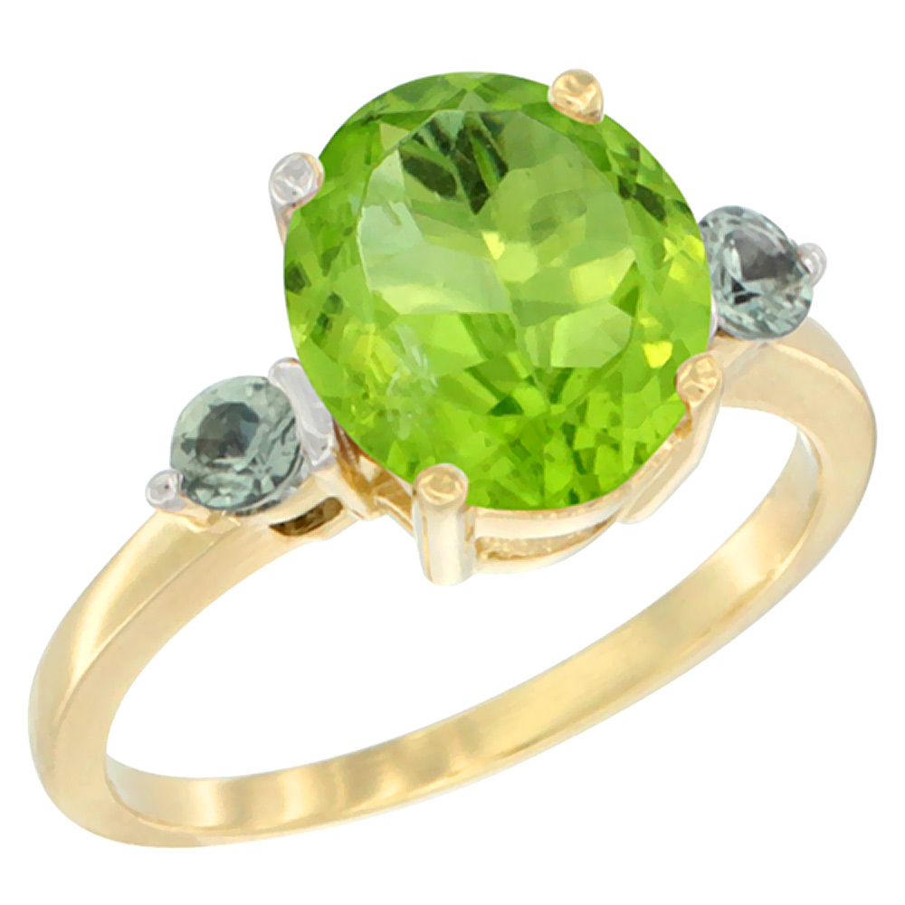 10K Yellow Gold 10x8mm Oval Natural Peridot Ring for Women Green Sapphire Side-stones sizes 5 - 10