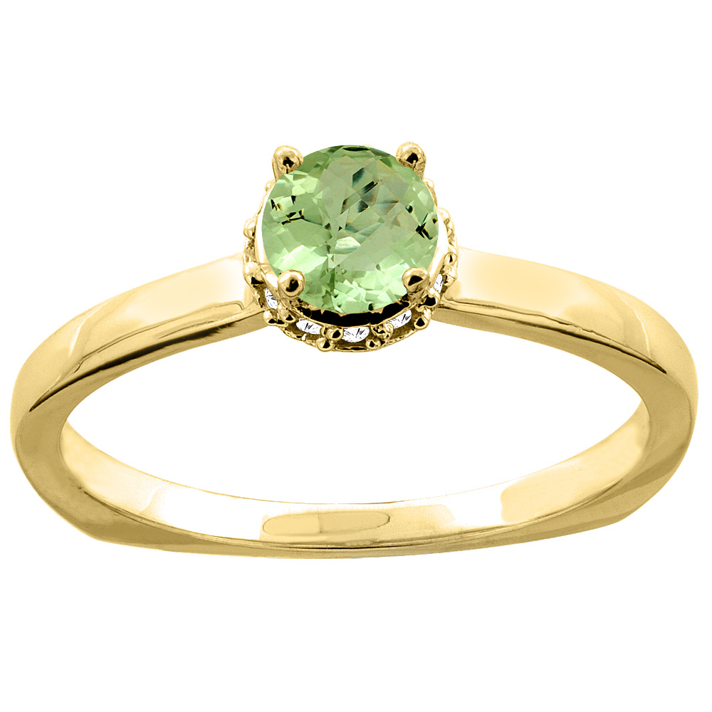 14K Yellow Gold Natural Peridot Solitaire Engagement Ring Round 4mm Diamond Accents, size 7