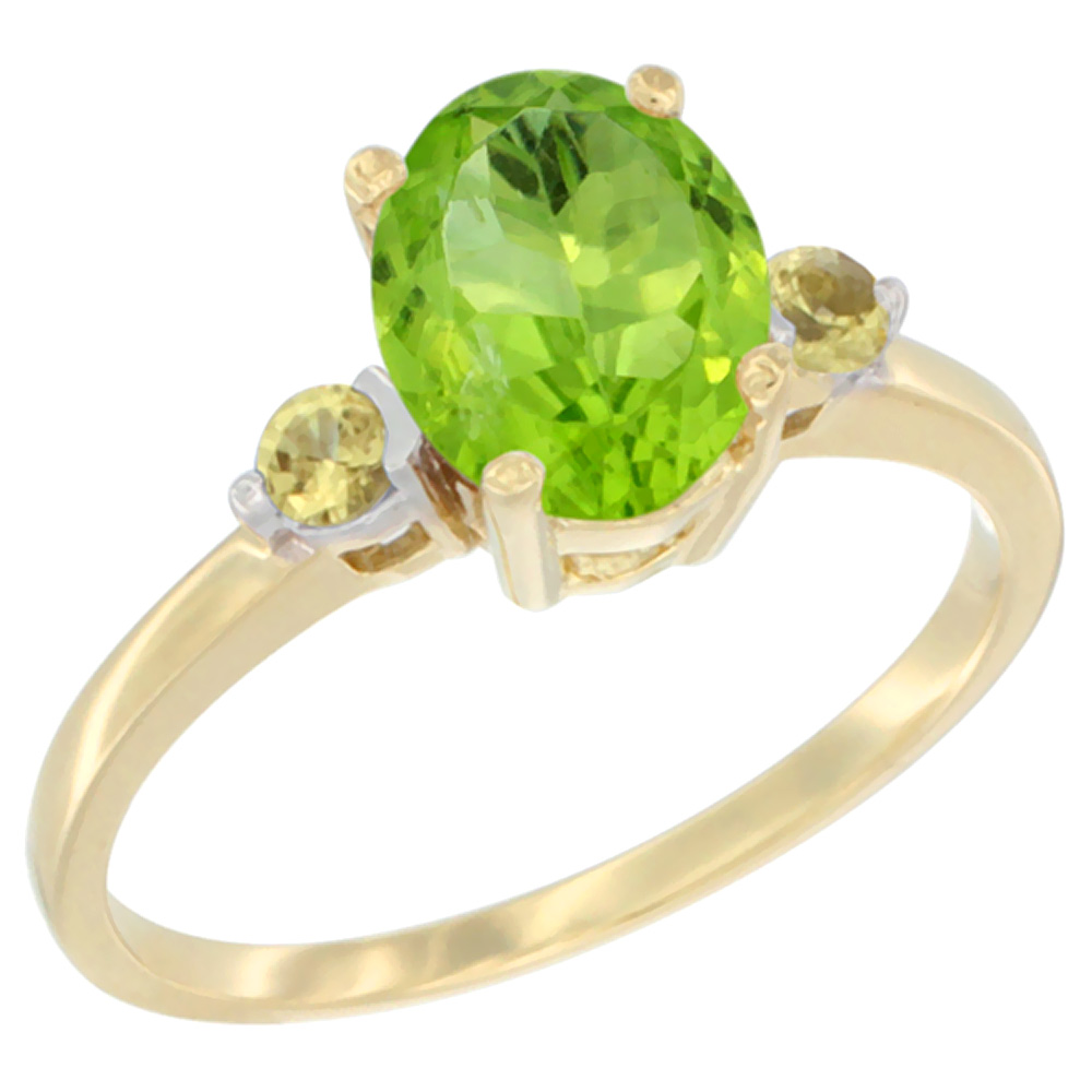 10K Yellow Gold Natural Peridot Ring Oval 9x7 mm Yellow Sapphire Accent, sizes 5 to 10