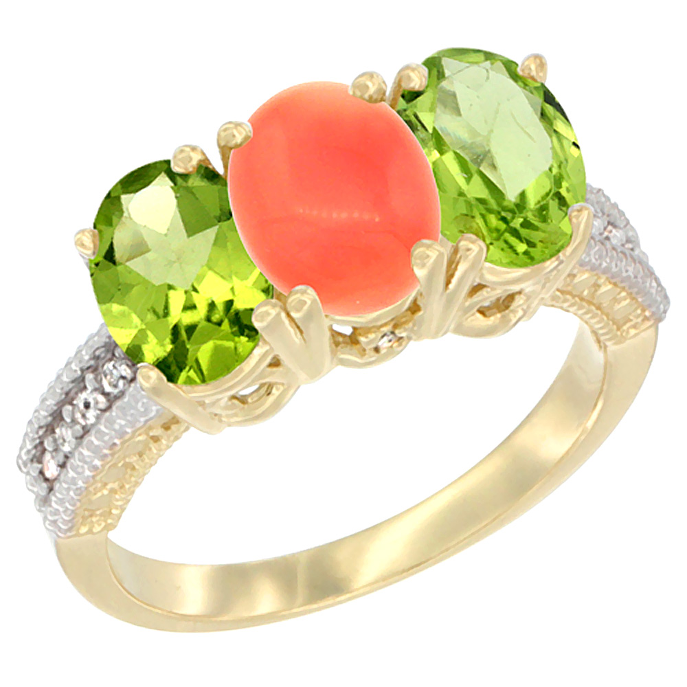 10K Yellow Gold Natural Coral & Peridot Ring 3-Stone Oval 7x5 mm, sizes 5 - 10