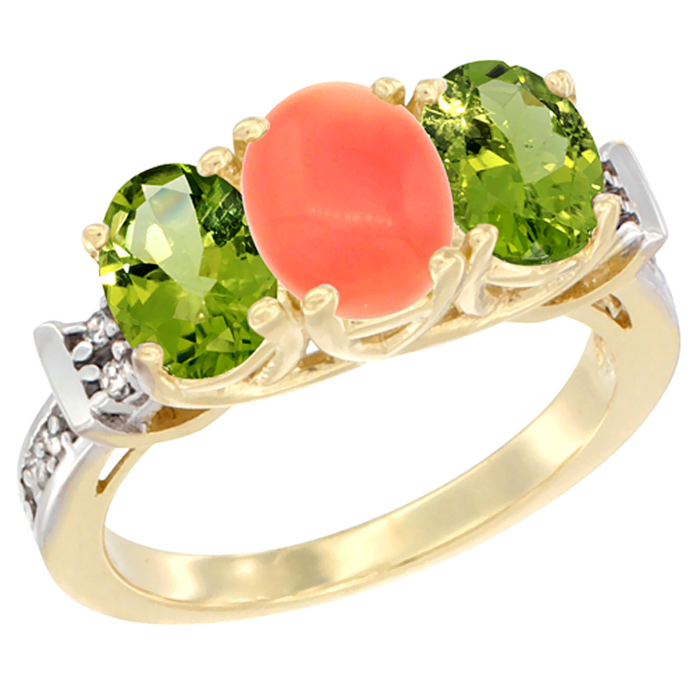 14K Yellow Gold Natural Coral &amp; Peridot Sides Ring 3-Stone Oval Diamond Accent, sizes 5 - 10