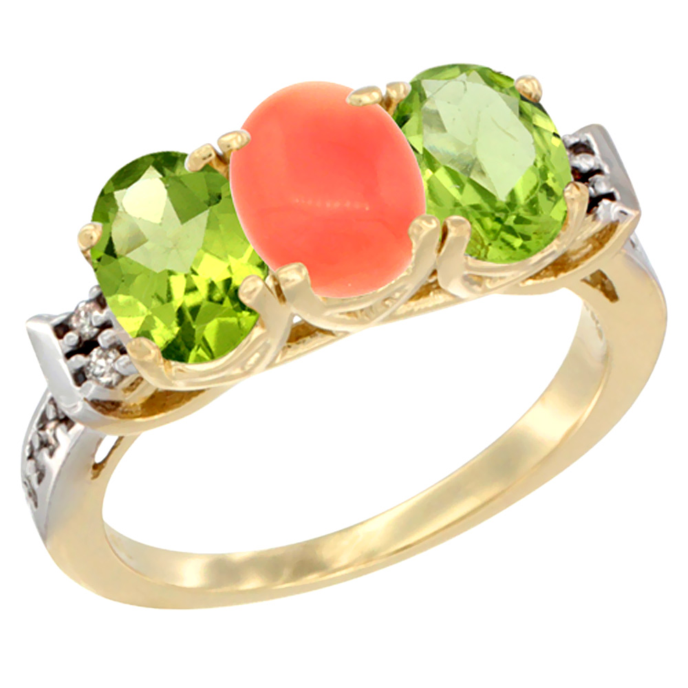 10K Yellow Gold Natural Coral & Peridot Sides Ring 3-Stone Oval 7x5 mm Diamond Accent, sizes 5 - 10