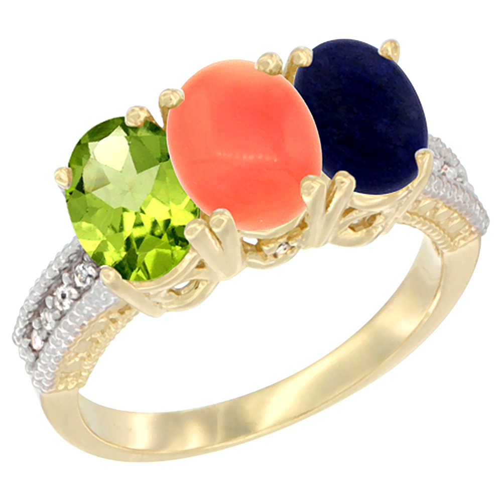14K Yellow Gold Natural Peridot, Coral & Lapis Ring 3-Stone Oval 7x5 mm Diamond Accent, sizes 5 - 10