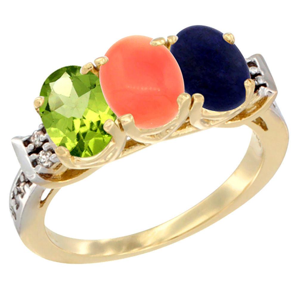 10K Yellow Gold Natural Peridot, Coral &amp; Lapis Ring 3-Stone Oval 7x5 mm Diamond Accent, sizes 5 - 10