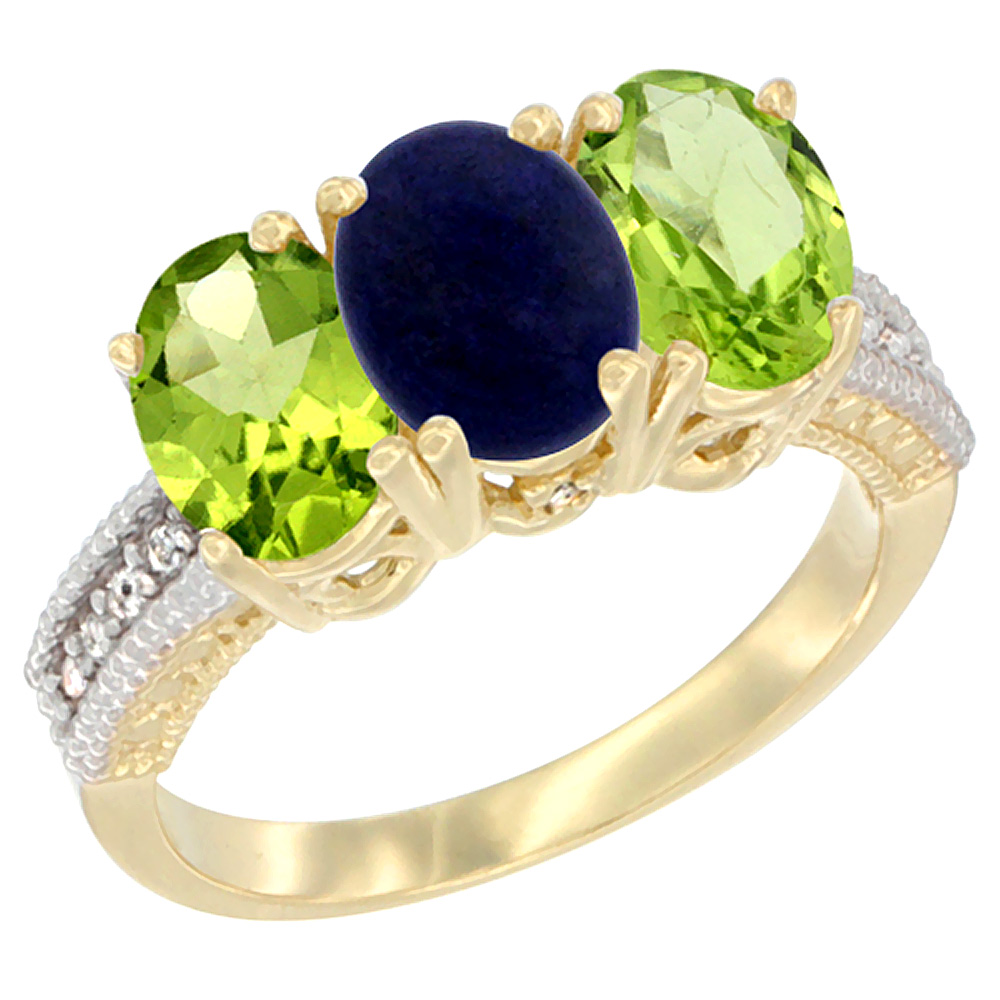 14K Yellow Gold Natural Lapis & Peridot Sides Ring 3-Stone Oval 7x5 mm Diamond Accent, sizes 5 - 10