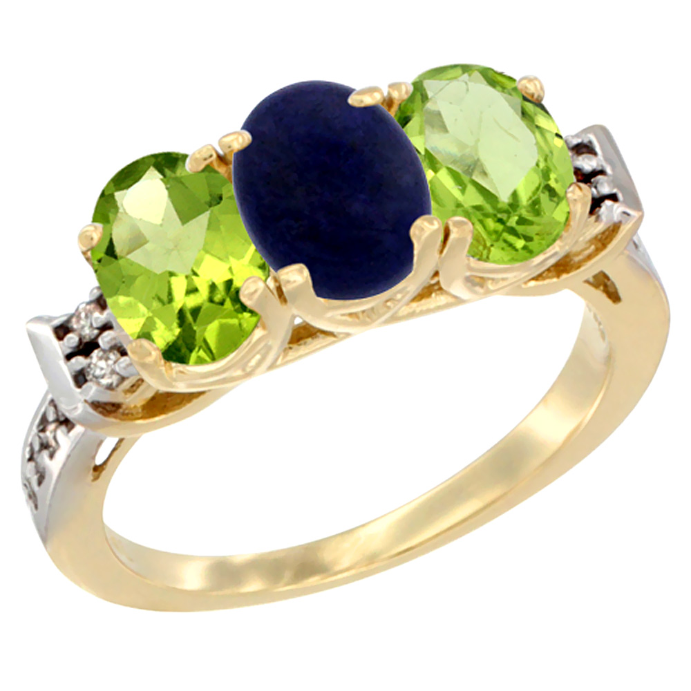 10K Yellow Gold Natural Lapis &amp; Peridot Sides Ring 3-Stone Oval 7x5 mm Diamond Accent, sizes 5 - 10