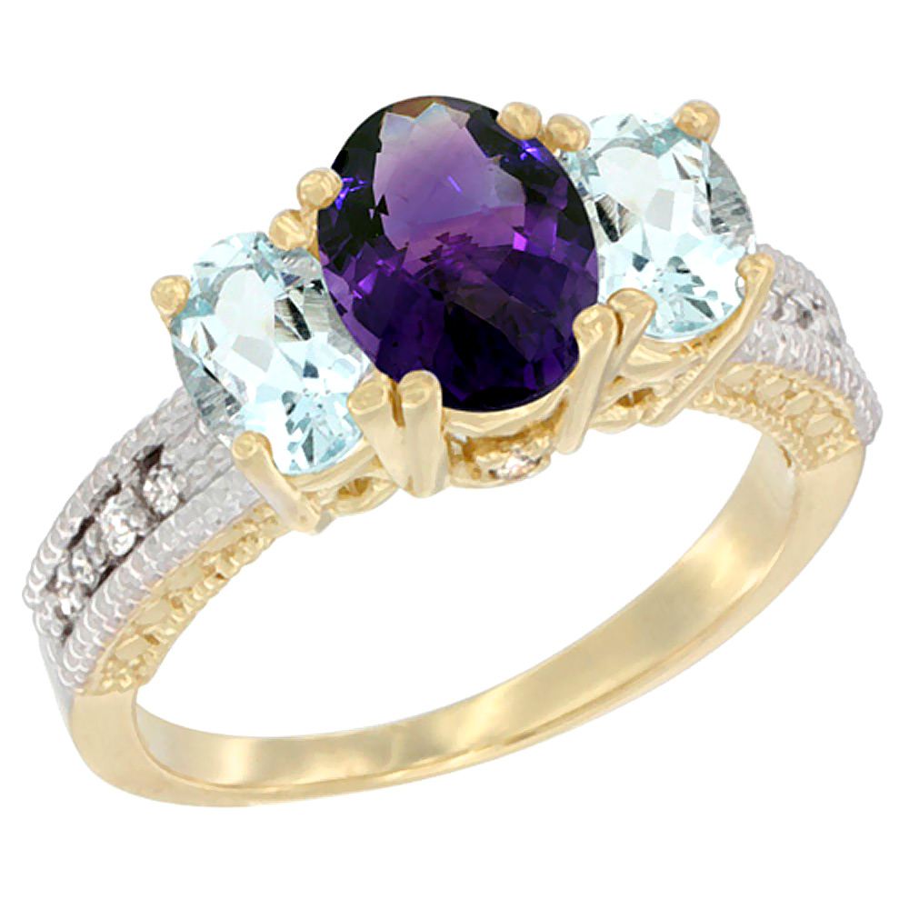 14K Yellow Gold Diamond Natural Amethyst Ring Oval 3-stone with Aquamarine, sizes 5 - 10
