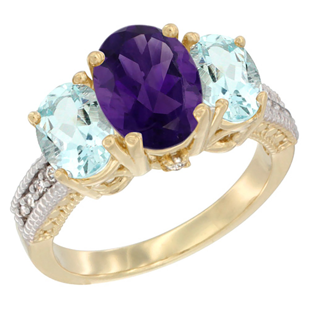 10K Yellow Gold Diamond Natural Amethyst Ring 3-Stone Oval 8x6mm with Aquamarine, sizes5-10