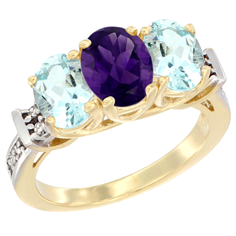 14K Yellow Gold Natural Amethyst &amp; Aquamarine Sides Ring 3-Stone Oval Diamond Accent, sizes 5 - 10