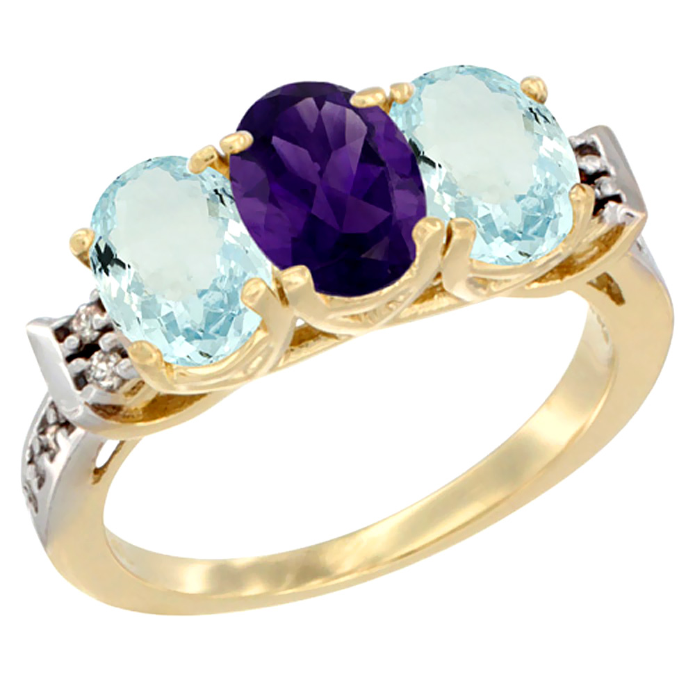 14K Yellow Gold Natural Amethyst &amp; Aquamarine Sides Ring 3-Stone Oval 7x5 mm Diamond Accent, sizes 5 - 10