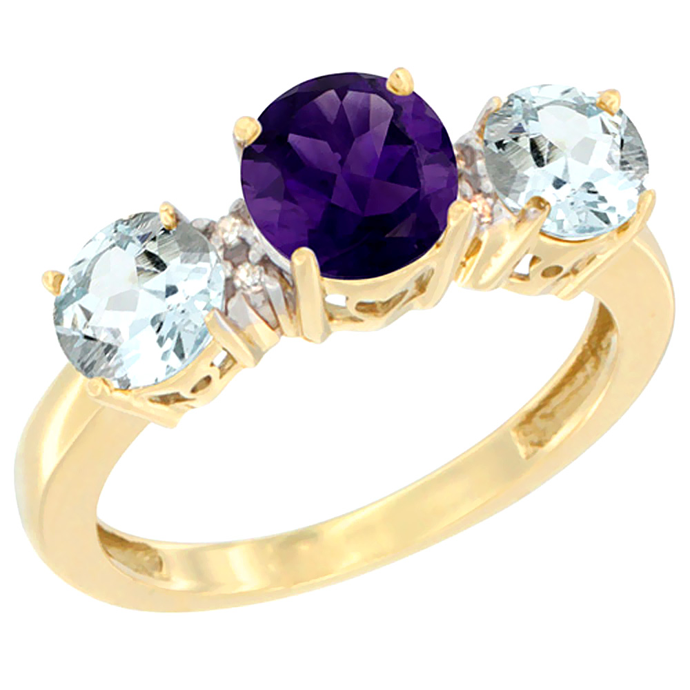 14K Yellow Gold Round 3-Stone Natural Amethyst Ring &amp; Aquamarine Sides Diamond Accent, sizes 5 - 10