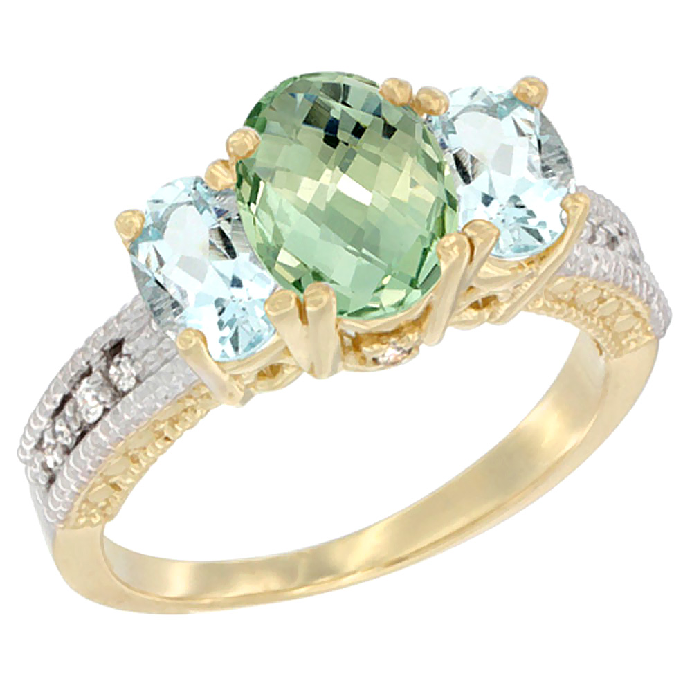 10K Yellow Gold Diamond Natural Green Amethyst Ring Oval 3-stone with Aquamarine, sizes 5 - 10