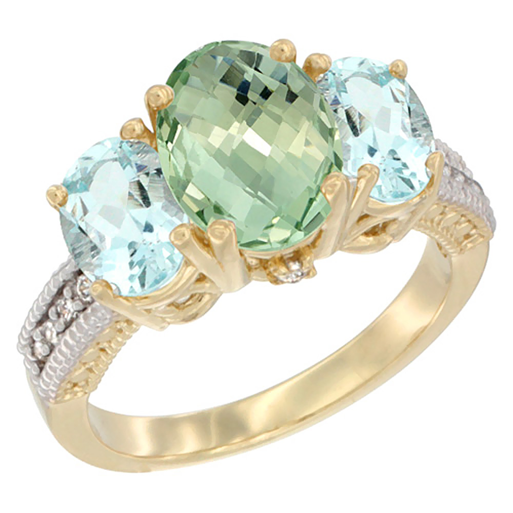 14K Yellow Gold Diamond Natural Green Amethyst Ring 3-Stone Oval 8x6mm with Aquamarine, sizes5-10