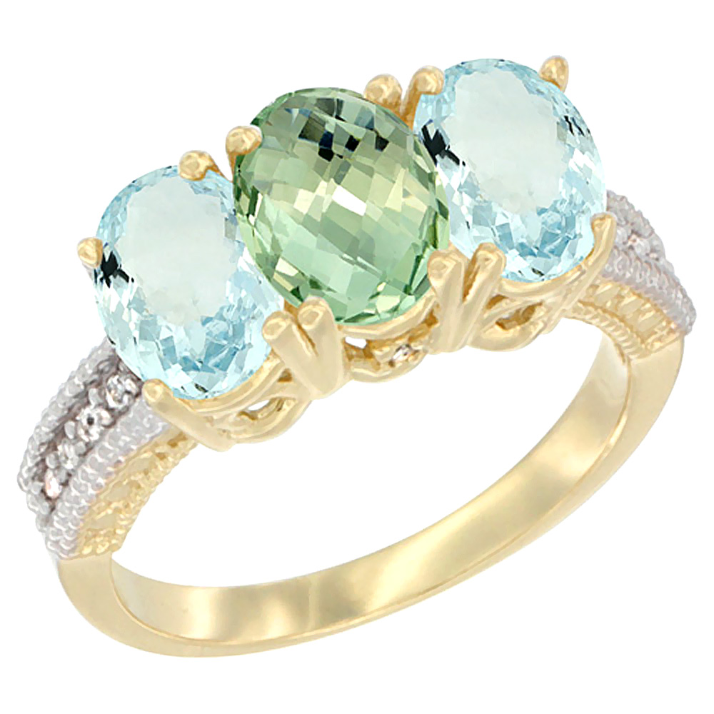 14K Yellow Gold Natural Green Amethyst &amp; Aquamarine Sides Ring 3-Stone Oval 7x5 mm Diamond Accent, sizes 5 - 10