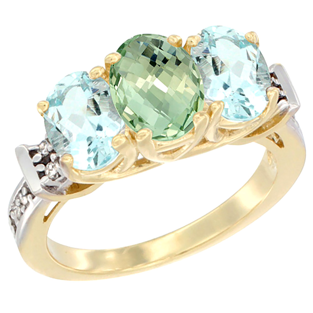 10K Yellow Gold Natural Green Amethyst & Aquamarine Sides Ring 3-Stone Oval Diamond Accent, sizes 5 - 10