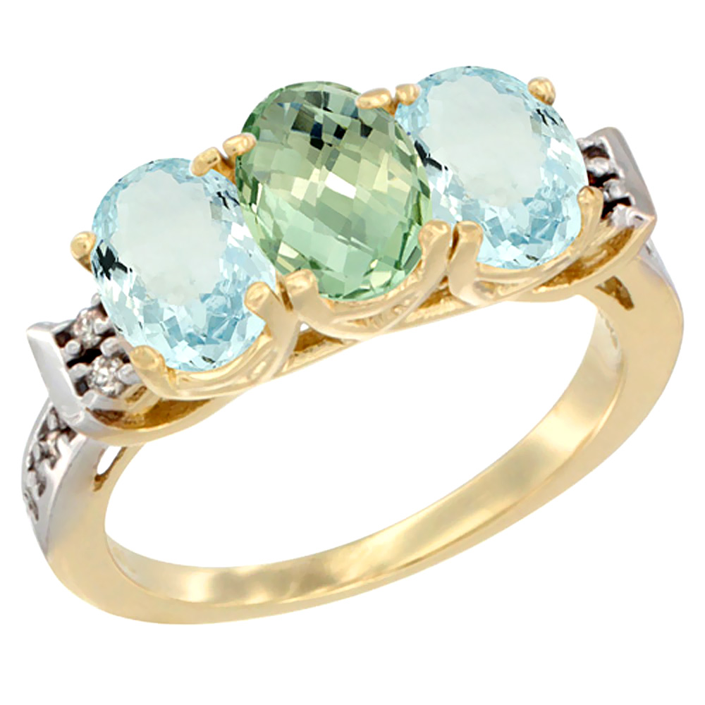 10K Yellow Gold Natural Green Amethyst &amp; Aquamarine Sides Ring 3-Stone Oval 7x5 mm Diamond Accent, sizes 5 - 10