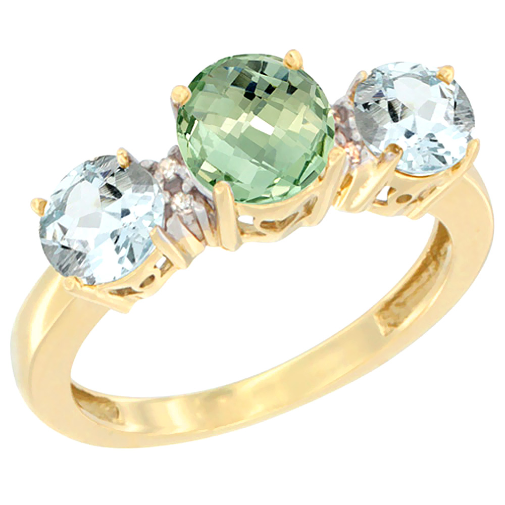 14K Yellow Gold Round 3-Stone Natural Green Amethyst Ring & Aquamarine Sides Diamond Accent, sizes 5 - 10