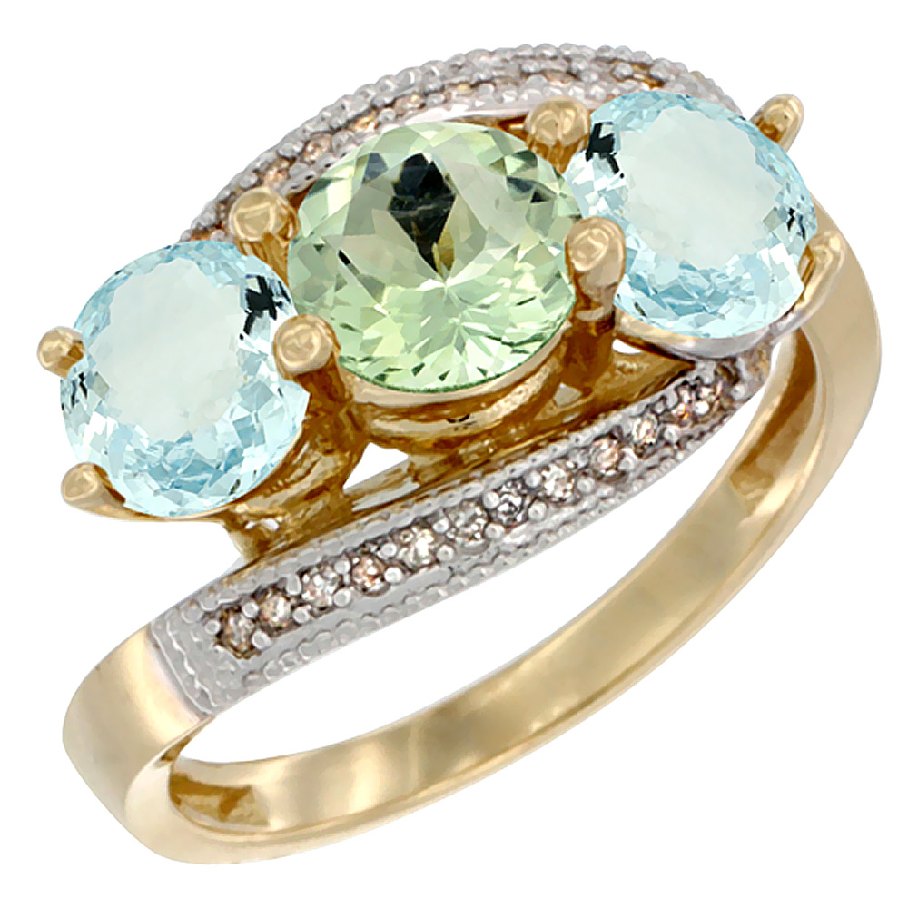 14K Yellow Gold Natural Green Amethyst & Aquamarine Sides 3 stone Ring Round 6mm Diamond Accent, sizes 5 - 10