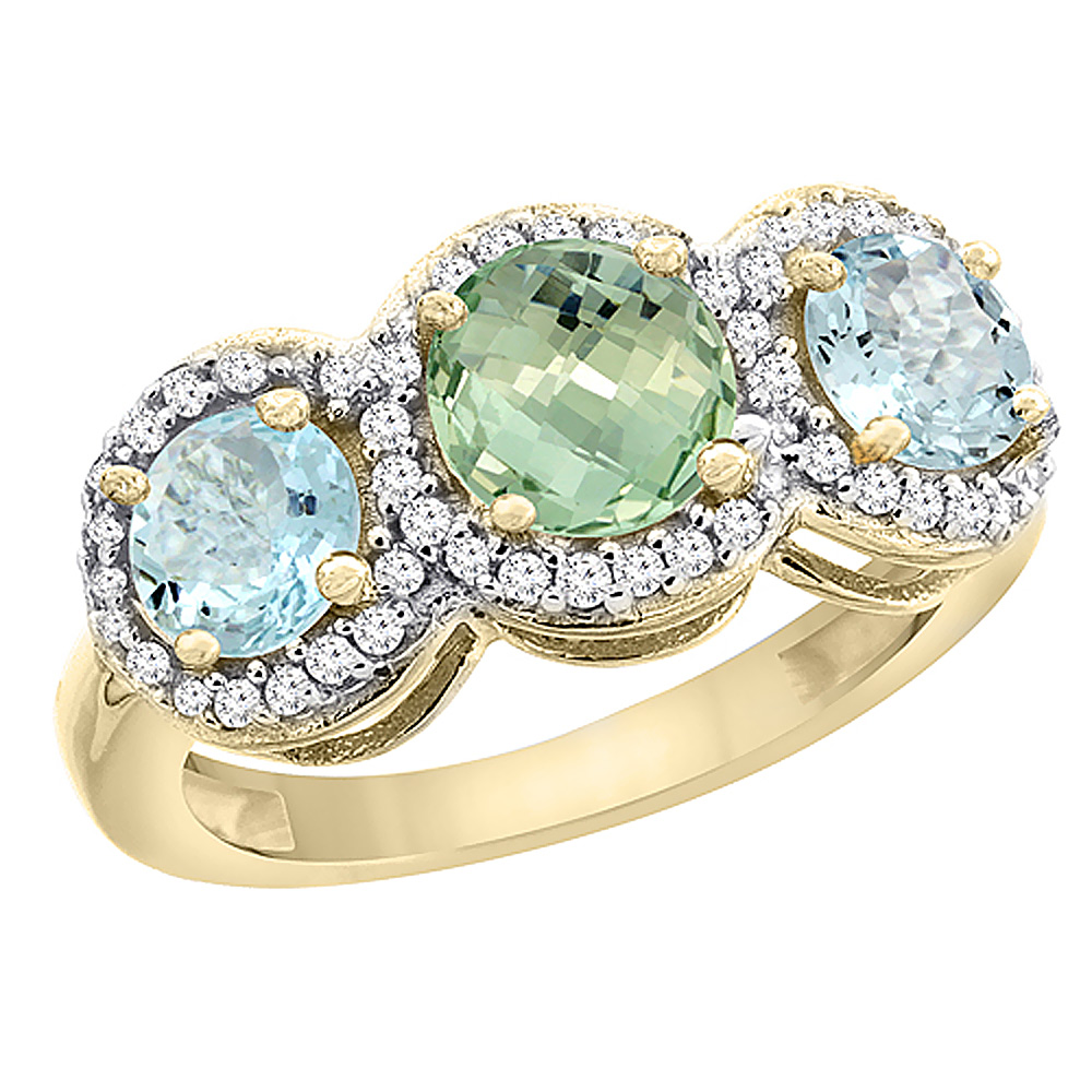 10K Yellow Gold Natural Green Amethyst &amp; Aquamarine Sides Round 3-stone Ring Diamond Accents, sizes 5 - 10