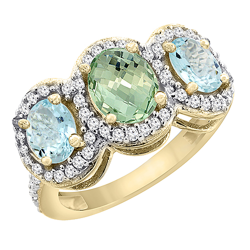 14K Yellow Gold Natural Green Amethyst & Aquamarine 3-Stone Ring Oval Diamond Accent, sizes 5 - 10