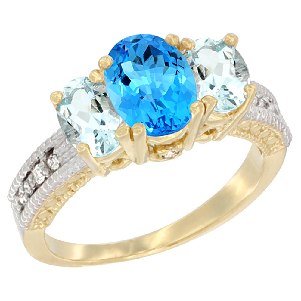 14K Yellow Gold Diamond Natural Swiss Blue Topaz Ring Oval 3-stone with Aquamarine, sizes 5 - 10