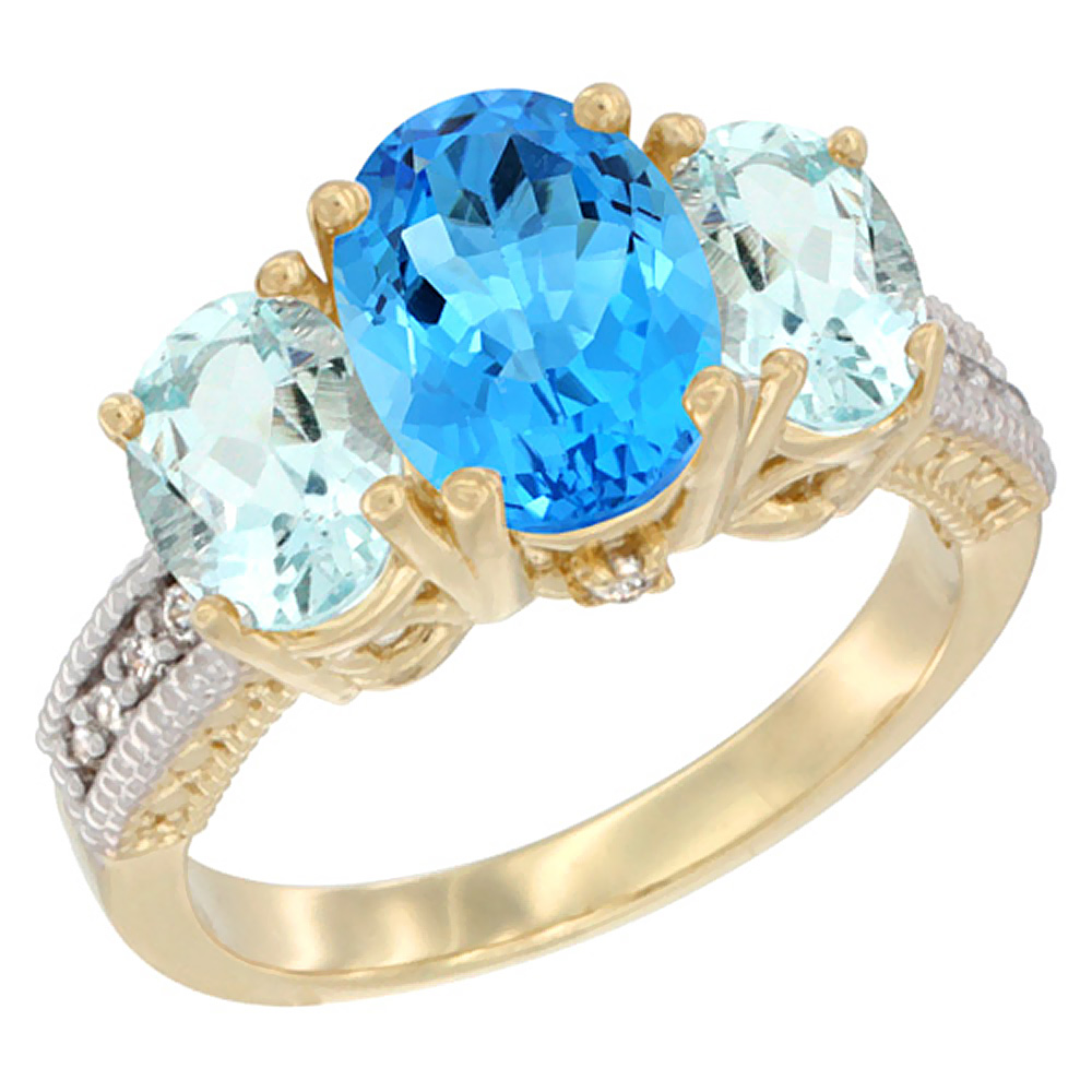 10K Yellow Gold Diamond Natural Swiss Blue Topaz Ring 3-Stone Oval 8x6mm with Aquamarine, sizes5-10