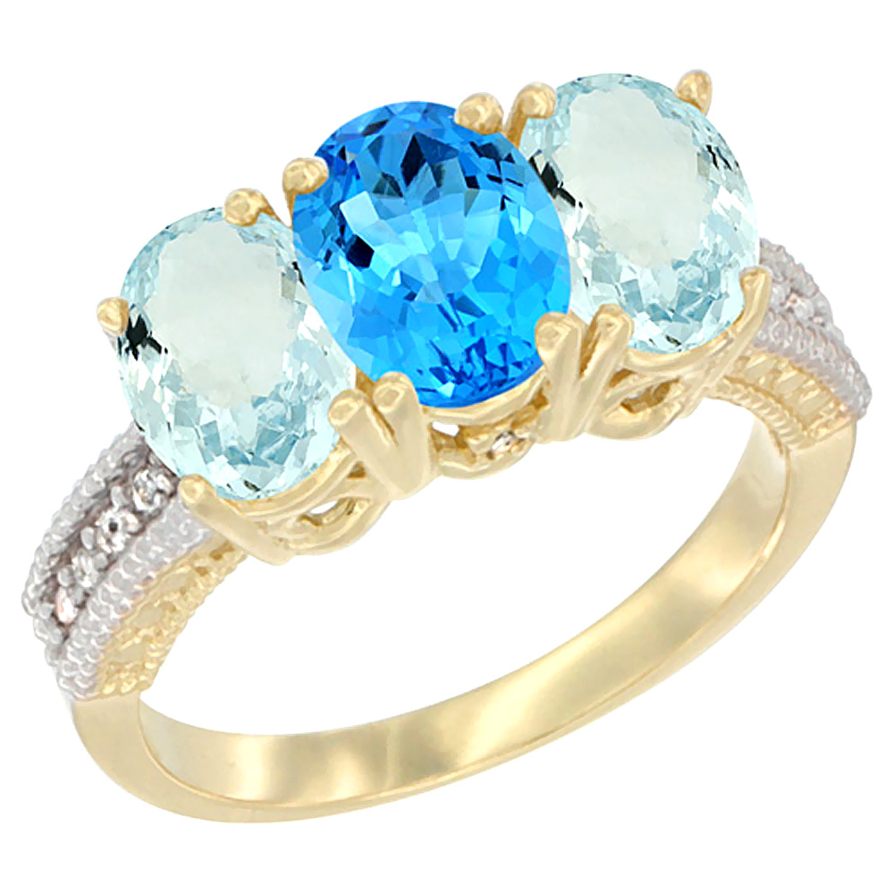 14K Yellow Gold Natural Swiss Blue Topaz & Aquamarine Sides Ring 3-Stone Oval 7x5 mm Diamond Accent, sizes 5 - 10