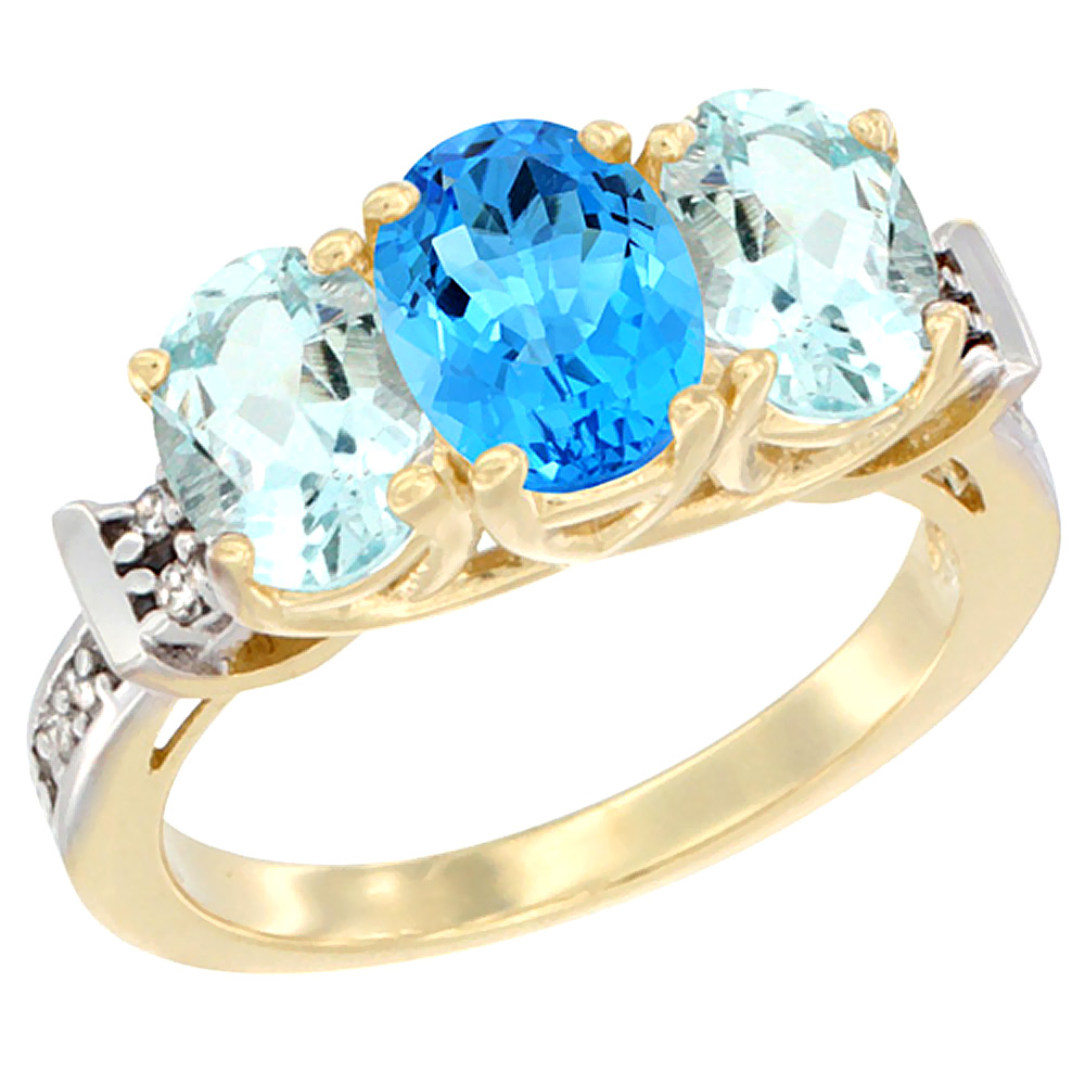 14K Yellow Gold Natural Swiss Blue Topaz &amp; Aquamarine Sides Ring 3-Stone Oval Diamond Accent, sizes 5 - 10