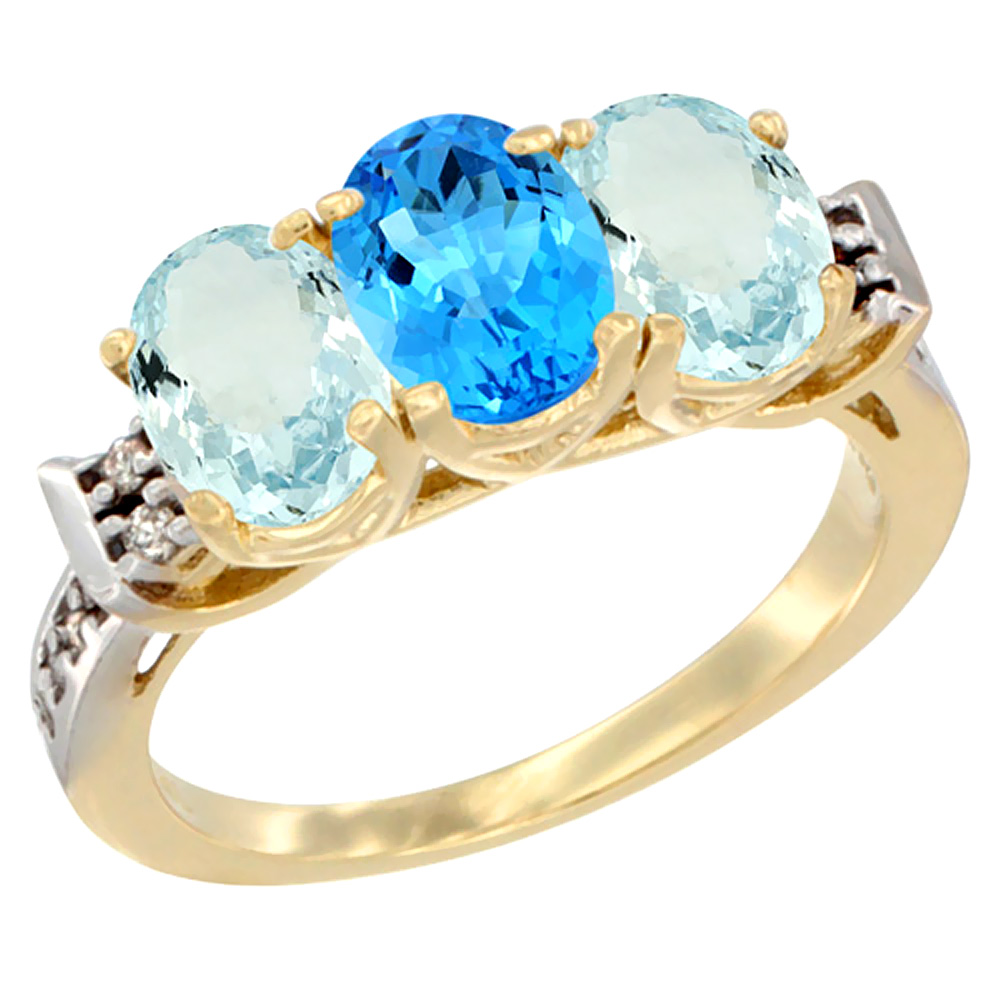 10K Yellow Gold Natural Swiss Blue Topaz &amp; Aquamarine Sides Ring 3-Stone Oval 7x5 mm Diamond Accent, sizes 5 - 10