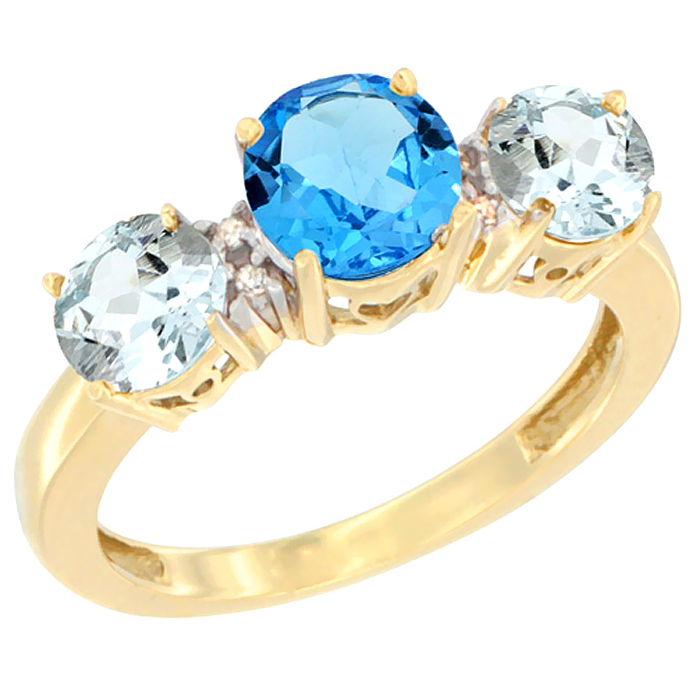 10K Yellow Gold Round 3-Stone Natural Swiss Blue Topaz Ring &amp; Aquamarine Sides Diamond Accent, sizes 5 - 10