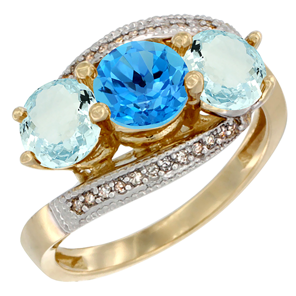14K Yellow Gold Natural Swiss Blue Topaz &amp; Aquamarine Sides 3 stone Ring Round 6mm Diamond Accent, sizes 5 - 10
