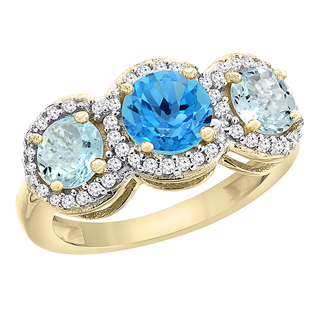 10K Yellow Gold Natural Swiss Blue Topaz &amp; Aquamarine Sides Round 3-stone Ring Diamond Accents, sizes 5 - 10