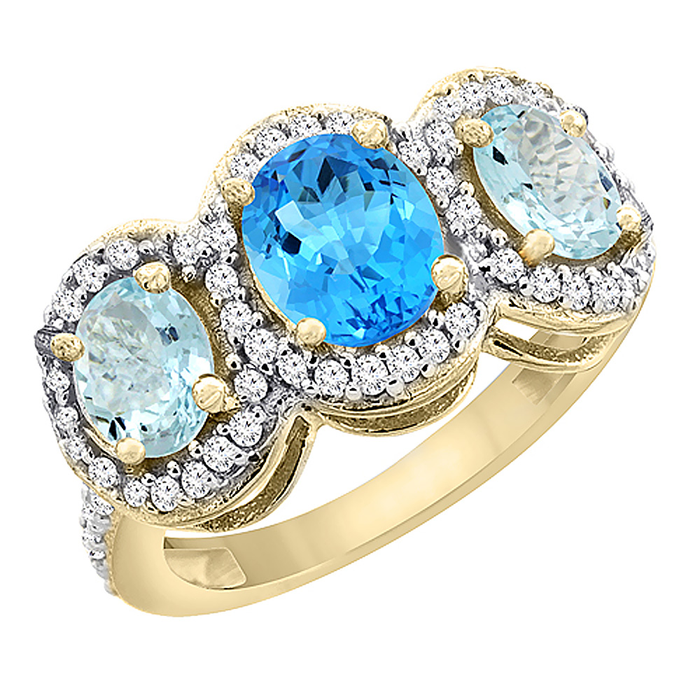 14K Yellow Gold Natural Swiss Blue Topaz &amp; Aquamarine 3-Stone Ring Oval Diamond Accent, sizes 5 - 10
