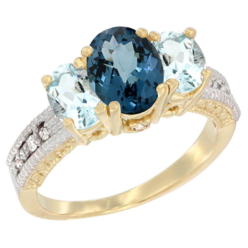 14K Yellow Gold Diamond Natural London Blue Topaz Ring Oval 3-stone with Aquamarine, sizes 5 - 10