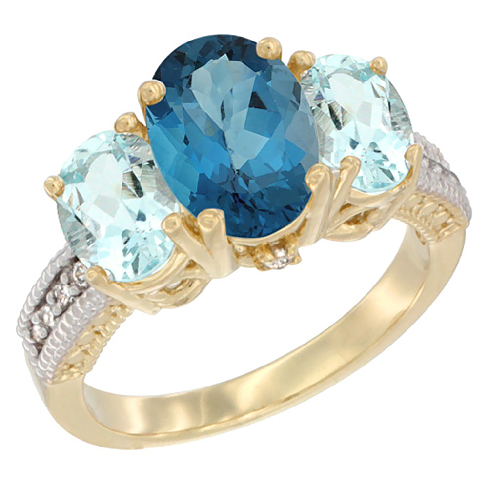 14K Yellow Gold Diamond Natural London Blue Topaz Ring 3-Stone Oval 8x6mm with Aquamarine, sizes5-10